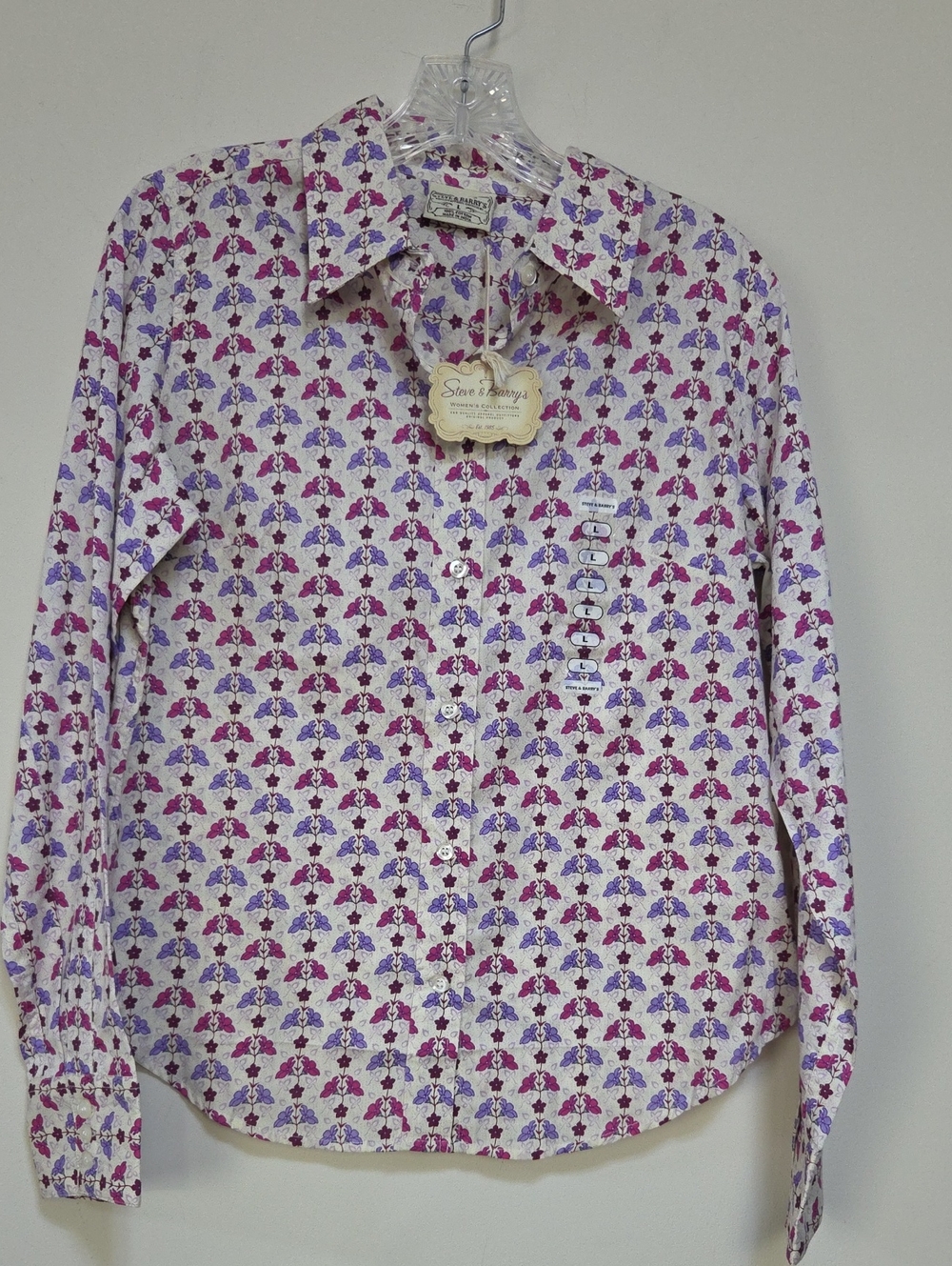 Vtg STEVE & BARRY'S Cassic Cotton Floral Western Button-Down Shirt - Purple/Pink
